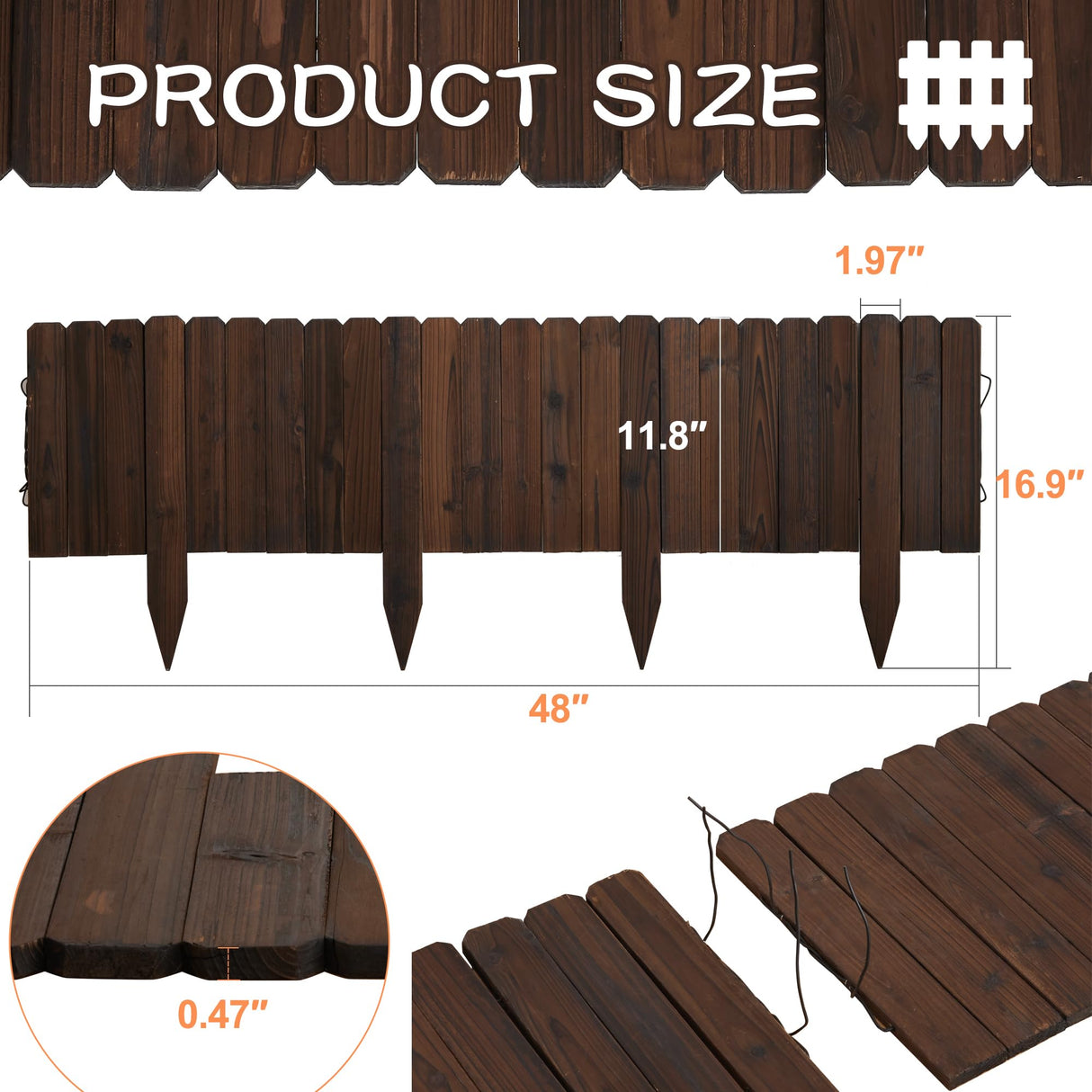 Wooden Garden Fence Wood Garden Edging Border Decorative Landscape Border Edging,Courtyards Planting Tree Fence Yard Patio Path Edging Landscape Edging Flower Bed Fences-11.8'' H x 48'' L (1PACK) GHWIE