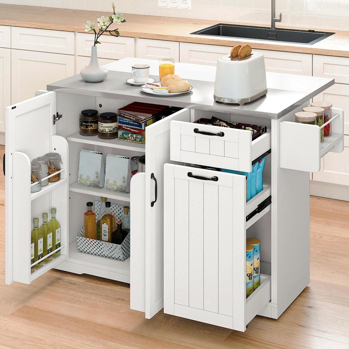 YITAHOME Kitchen Island with Stainless Steel Top, 54" Drop Leaf Kitchen Island with Storage, Rolling Carts with Pull-Out Cabinet, 3 Tier Slide Out Drawers & Shelves, 2 Doors Storage for Dining,White YITAHOME