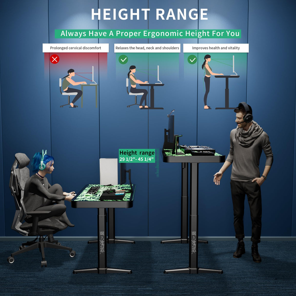 JWX RGB Glass Gaming Standing Desk, 47'' Standing Music Studio, with Music Sensing LED Sit Standing Desk, Dual Motors,USB Ports JWX