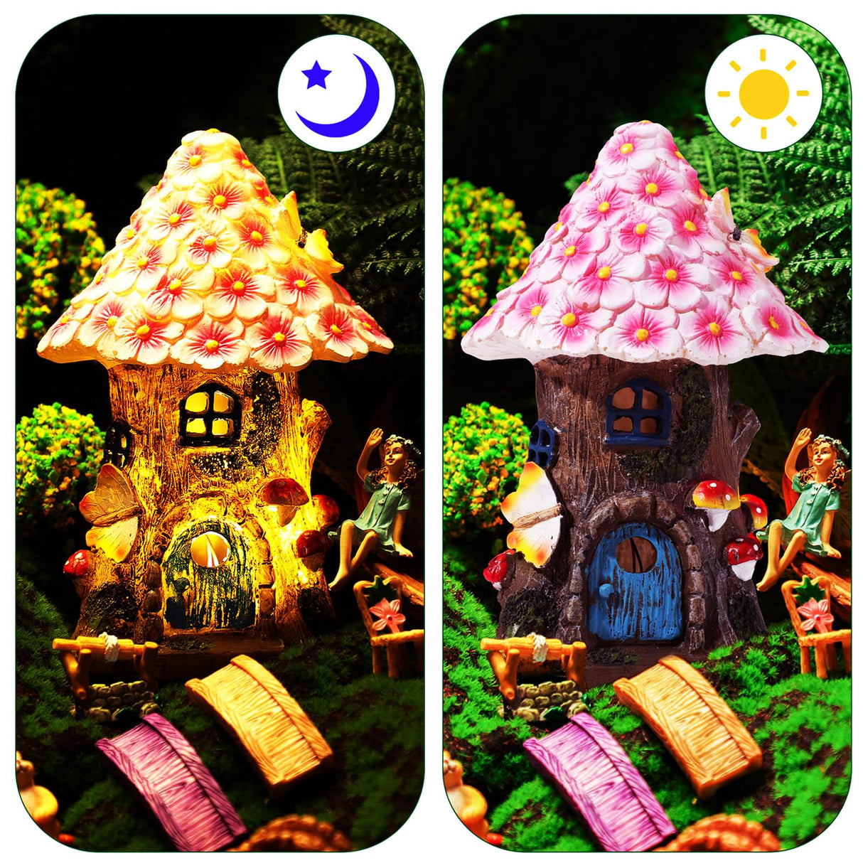 Poen 8'' Solar Light up Fairy House Garden 6-8 Fairy Figures Garden Accessories Kit Animals Doll House Decor Outdoor Micro Landscape Ornaments(Pink) Poen
