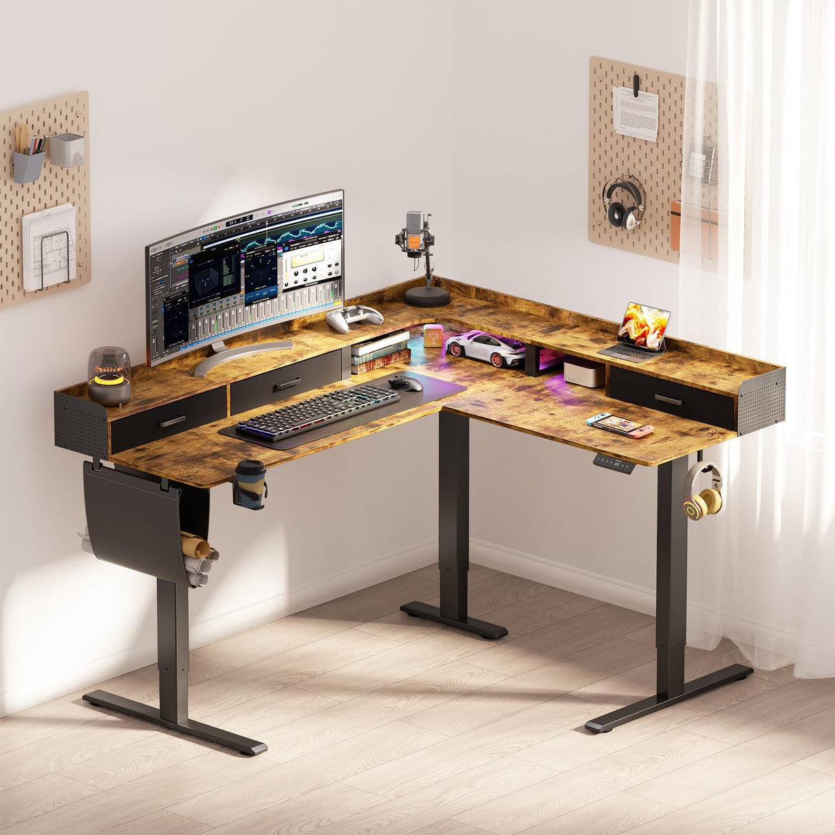 WALKINGDESK 63 Inches Height Adjustable L Shaped Standing Desk with 3 Drawers and Monitor Shelf, Electric Corner Comupter Desk, Sit Stand up Home Office Desk, Ergonomic Gaming Desk, Rustic Brown WALKINGDESK