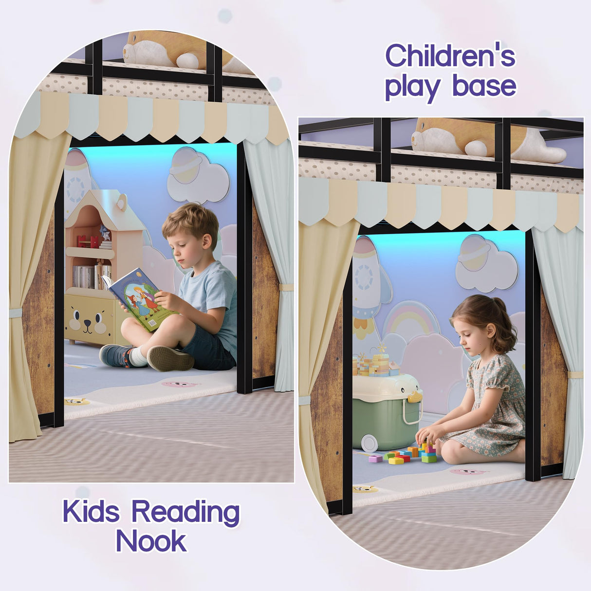 busyaeh Twin Loft Bed for Kids with 5 Drawers & 6 Bookcase and LED Light,Low Loft Bed with 15.8" H Safety Guardrail and Charging Station,Metal Kids Loft Beds with Under-Bed Play Space,Vintage Brown busyaeh