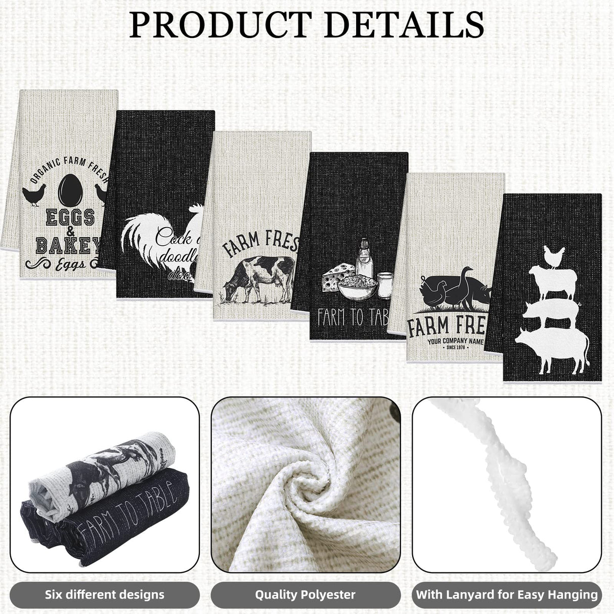 Redbaker 6 Pcs Farm Animal Kitchen Towels Farmhouse Funny Dish Towel Rustic Hand Towels Rooster Cow Pig Decorative Tea Dishcloth Absorbent with Hanging Loop for Kitchen Bathroom Housewarming Gift Redbaker