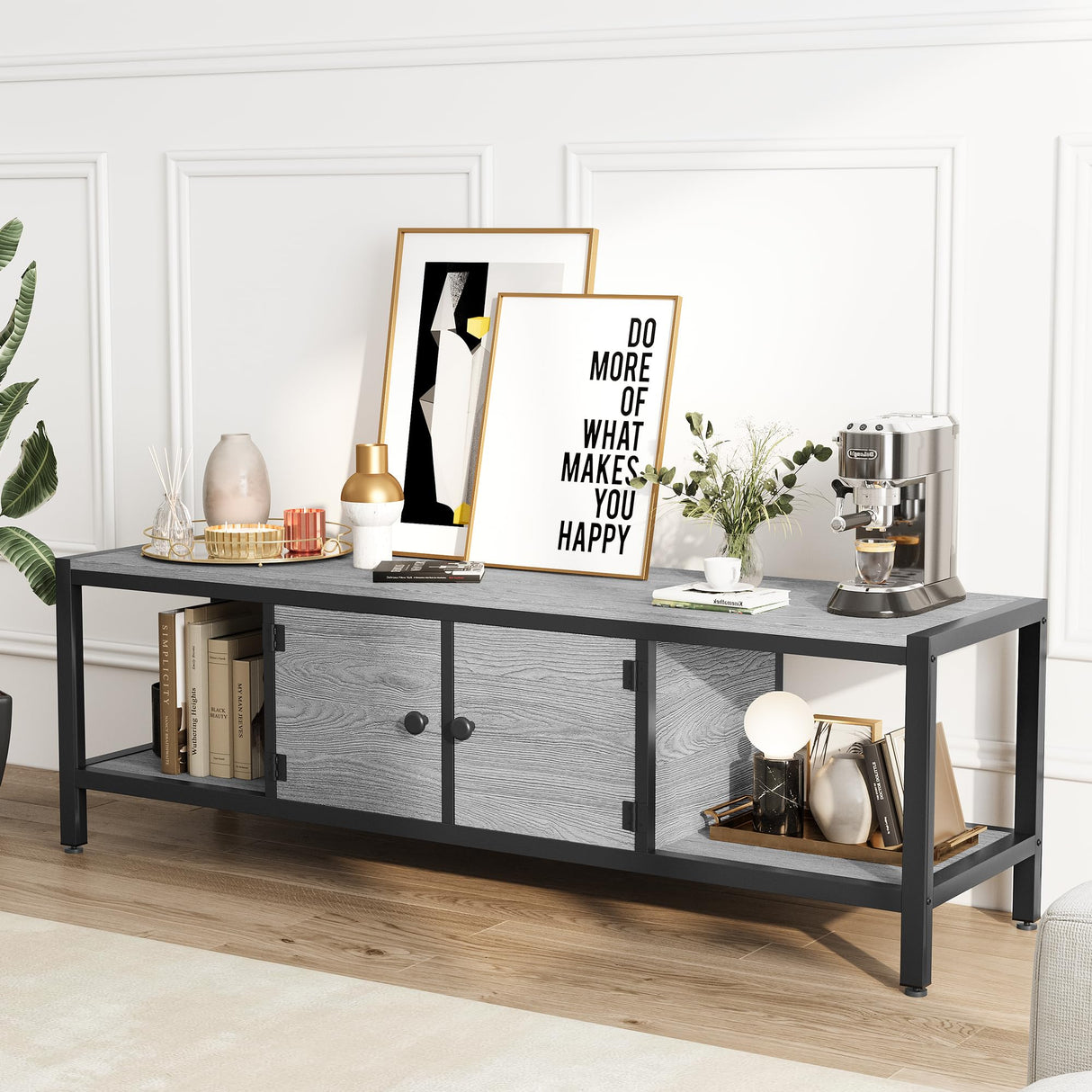 GAOMON 65" TV Stand for TV up to 75 Inches, Large TV Console Table with 2 Closed Storage Spaces and Open Compartments, Wooden Entertainment Center with Adjustable Feet for Living Room, Bedroom, Grey GAOMON