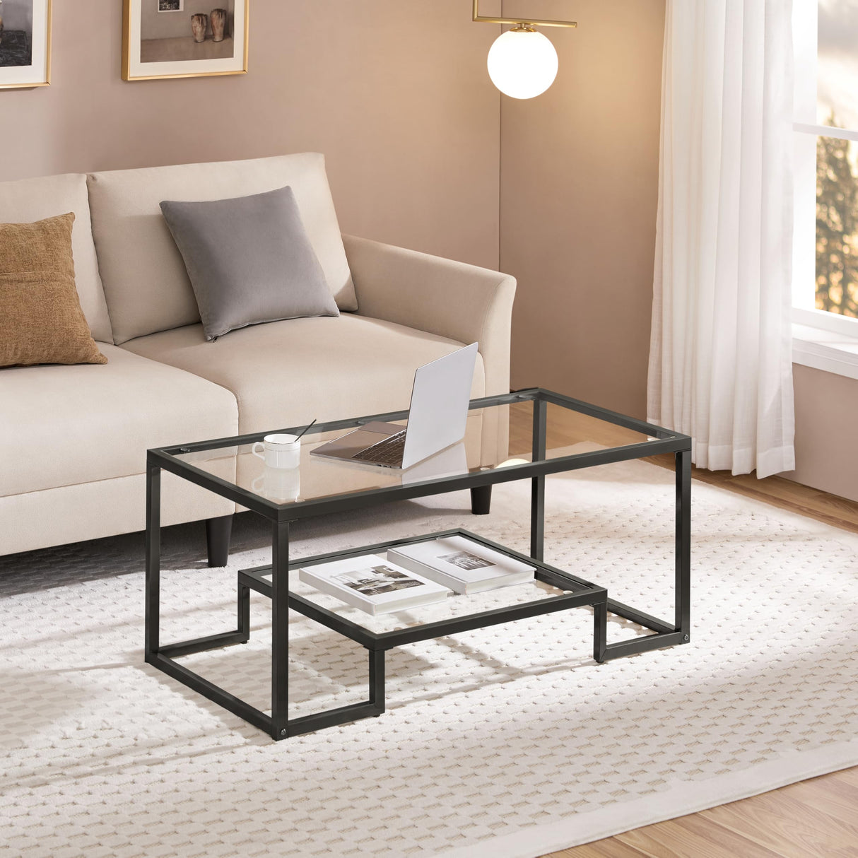 Yaheetech Coffee Table, Tempered Glass Coffee Table, Modern Simple Center Table w/Geometric-Inspired Design & Metal-Frame & Easy Assembly & Open Storage Shelf for Living Room, Office, Black Yaheetech