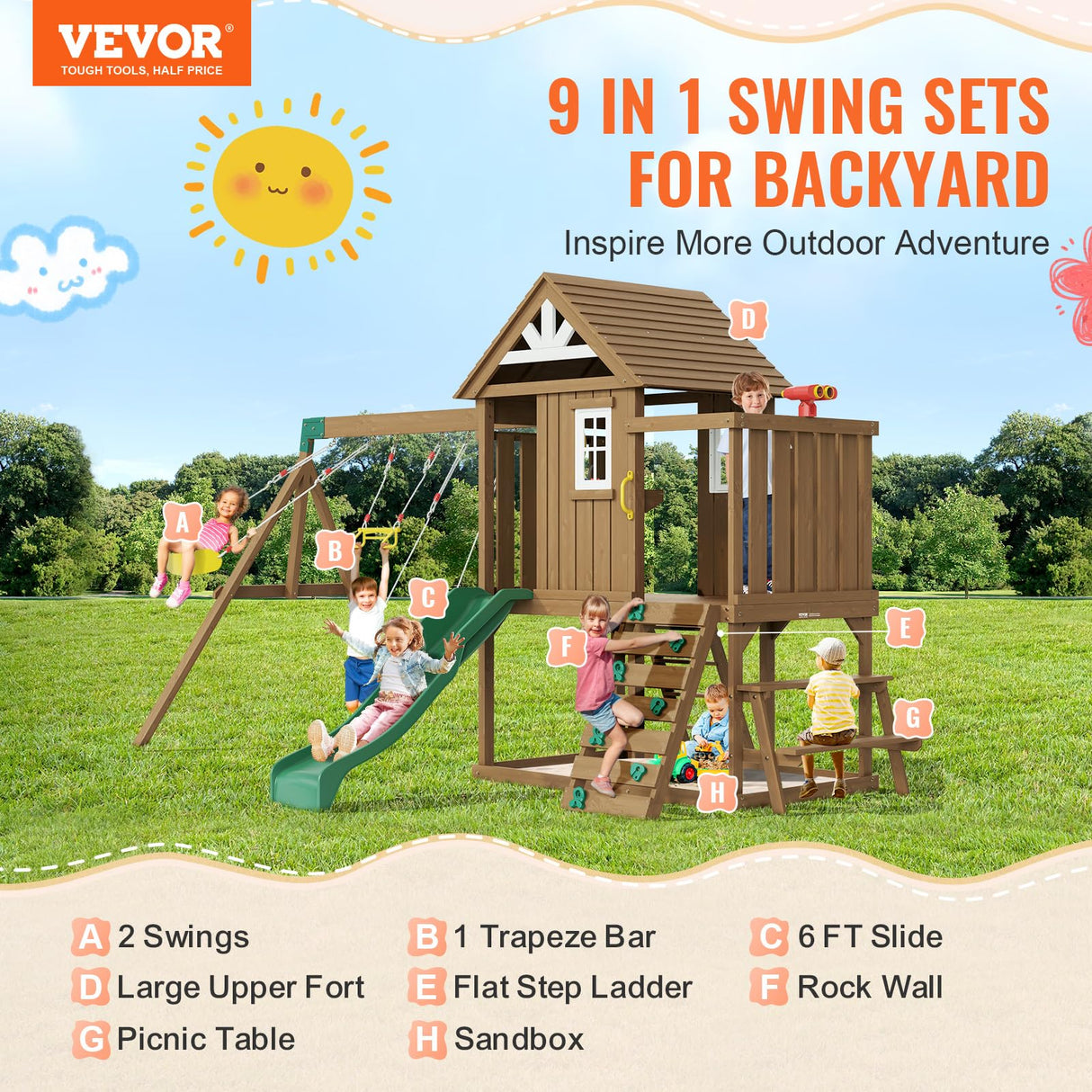 VEVOR Wooden Swing Set, 9 in 1 Outdoor Playground Sets for Backyards, 2 Swings, Trapeze Bar, 6 FT Slide, Large Upper Fort with Kitchen Toys, Flat Step Ladder, Rock Wall, Picnic Table, Sandbox VEVOR