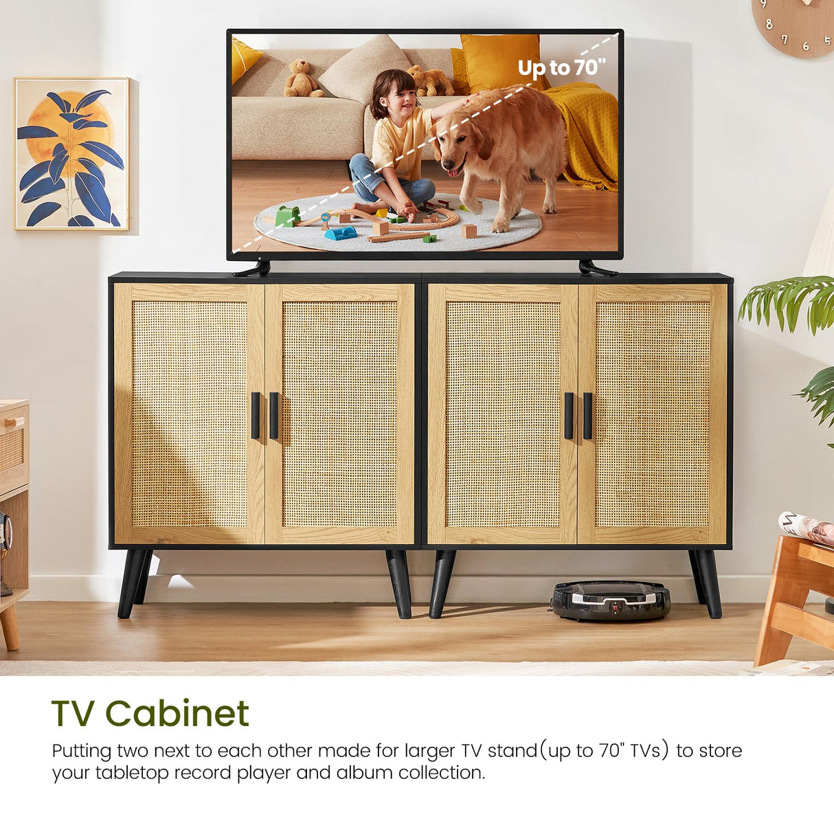 Iwell Storage Cabinet, Rattan Cabinet with Adjustable Shelf & Doors, Buffet Cabinet with Storage, Accent Cabinet for Living Room, Kitchen, Entryway, Natural+ Black Iwell