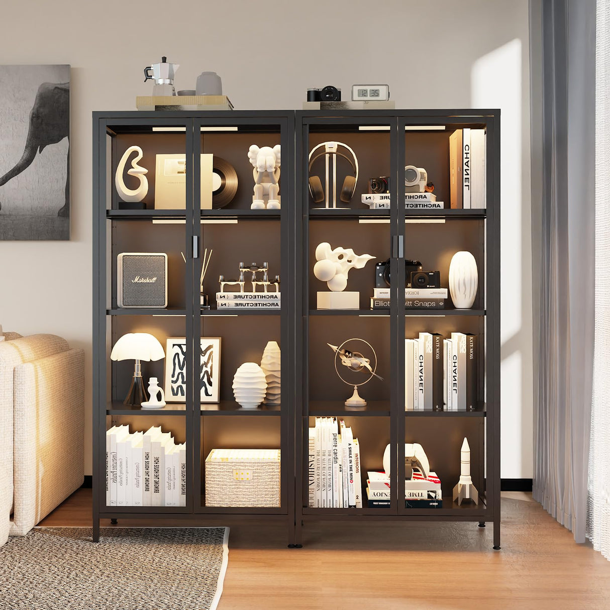 Eltean 63" H Glass Display Cabinet, 4 Tiers Curio Display Case with 3 Colors LED Sensor Light,Display Cabinet for Collectible with 3 Adjustable Shelves for Living Room, Bedroom, Office (63“H) Eltean