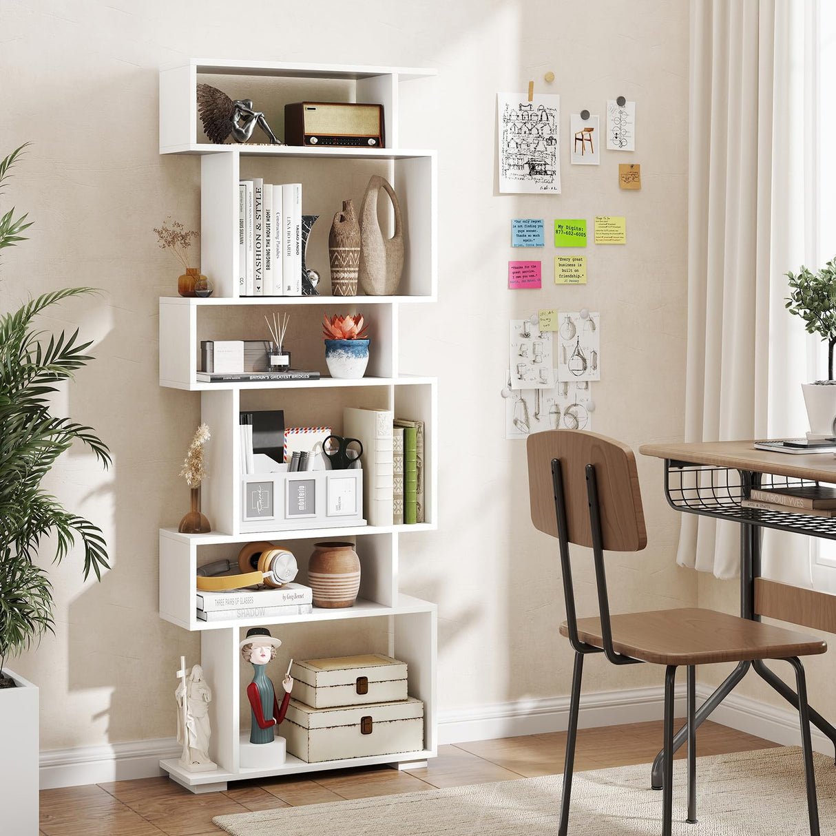 Tangkula 6-Tier S-Shaped Bookshelf, 64" Freestanding Geometric Bookcase, Home Office Wood Storage Shelf with Anti-Toppling Device, Room Divider Display Rack for Study, Living Room (1, White) Tangkula