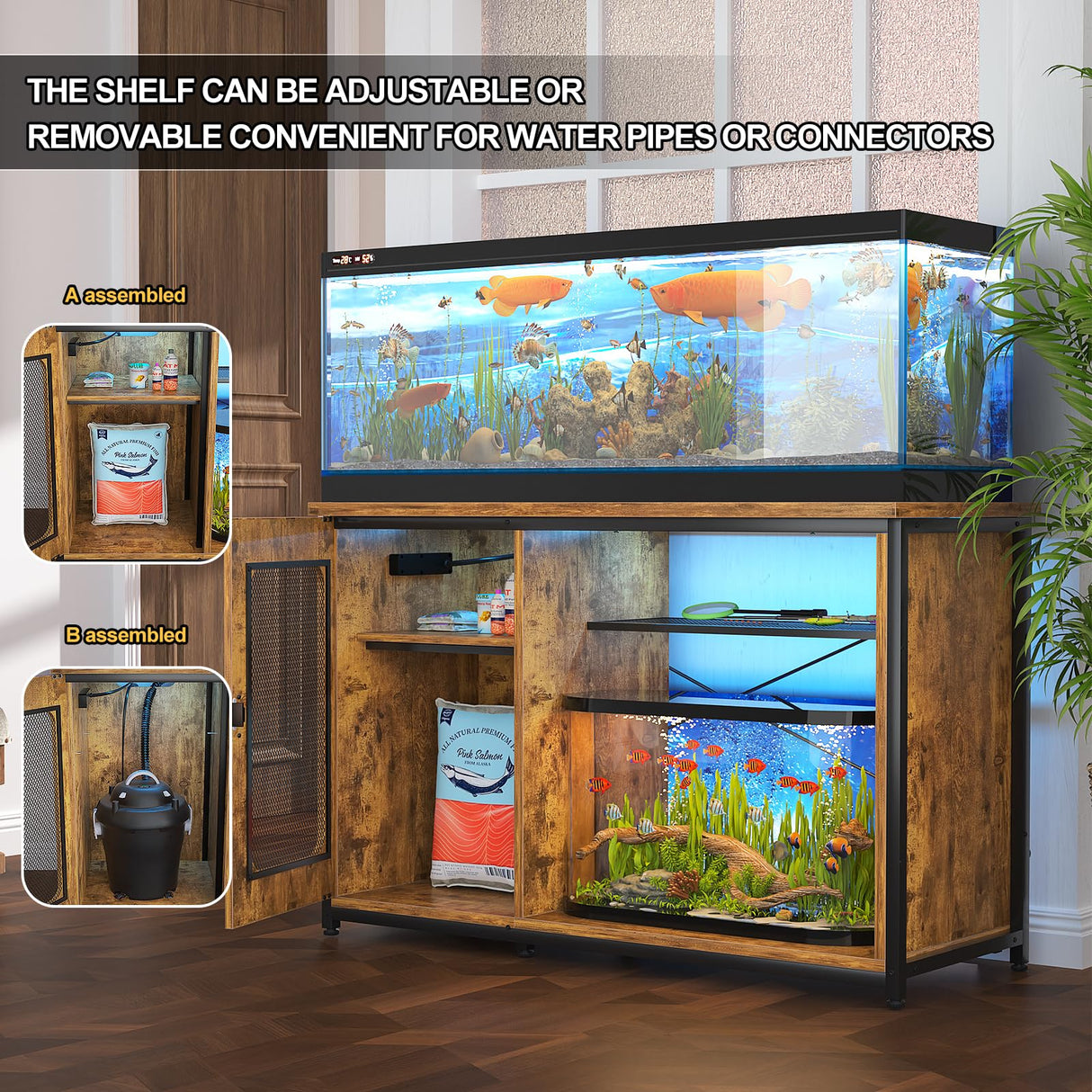 Hyomdeck 55-75 Gallon Fish Tank Stand with Power Outlets & LED Light, Reversible Heavy Duty Metal Aquarium Stand with Cabinet for Fish Tank Accessories Storage, Turtle/Reptile Terrariums, Rustic Hyomdeck