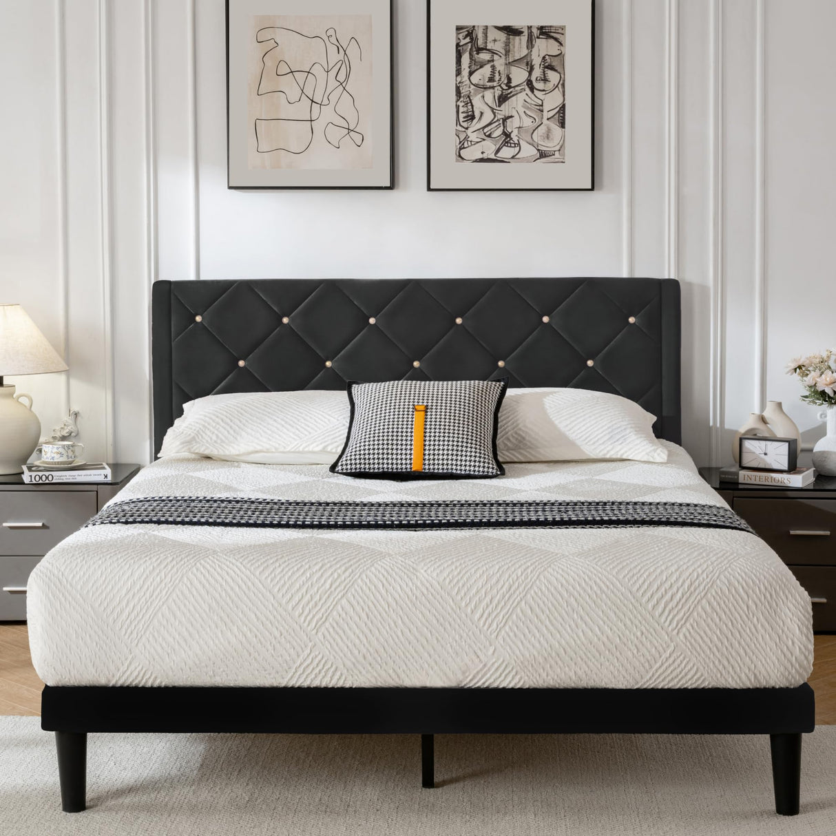 DUMGTIF Queen Size Platform Bed Frame with Velvet Upholstered Headboard and Sturdy Wooden Slats Support,Mattress Foundation,Easy Assembly, No Box Spring Needed,Slip Resistant (Black, Queen) DUMGTIF
