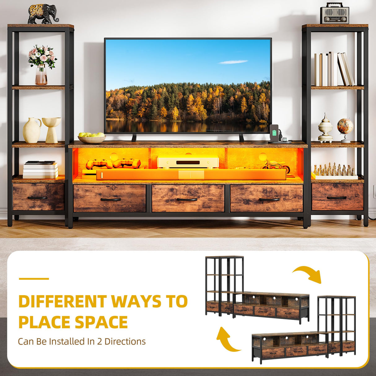 DWVO Entertainment Center with Bookshelves, LED TV Stand for 65/60 inch TV, Retro TV Stand for Living Room with 2 Industrial 4-Tier Bookshelves & Power Outlets,Rustic Brown DWVO