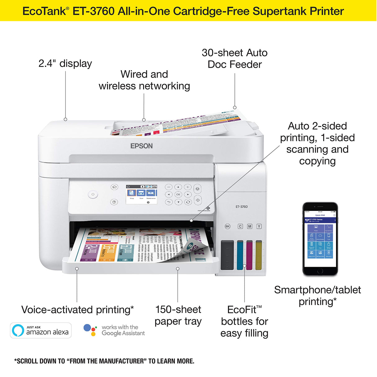 Epson EcoTank ET-3760 Wireless Color All-in-One Cartridge-Free Supertank Printer with Scanner, Copier and Ethernet, Regular Epson