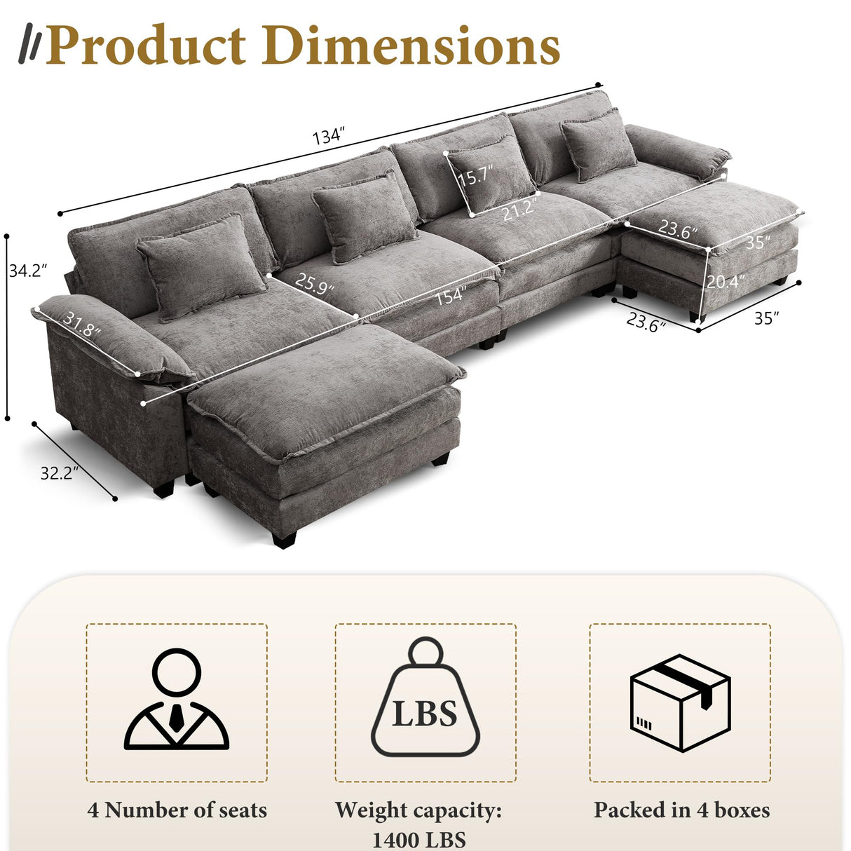 URRED Modular Sectional Sofa Comfy Cloud Couch, Modern Chenille Sofa Sleeper Deep Seat Couches with Ottoman/Pillows for Living Room (Gray, 154'' - U Shape) URRED