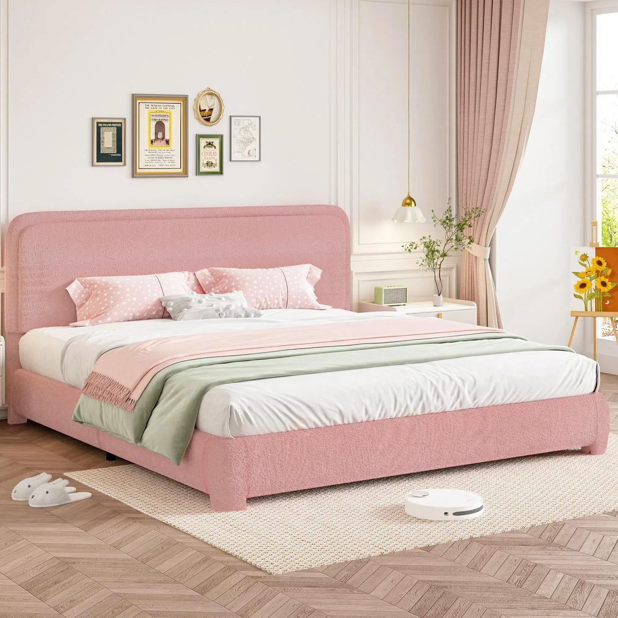King Size Bed Frame, Upholstered Platform Bed King with Headboard, Boucle Soft and Cloud Bed Frame, Modern Style, No Box Spring Required, Easy Assembly, Pink BarnFurin