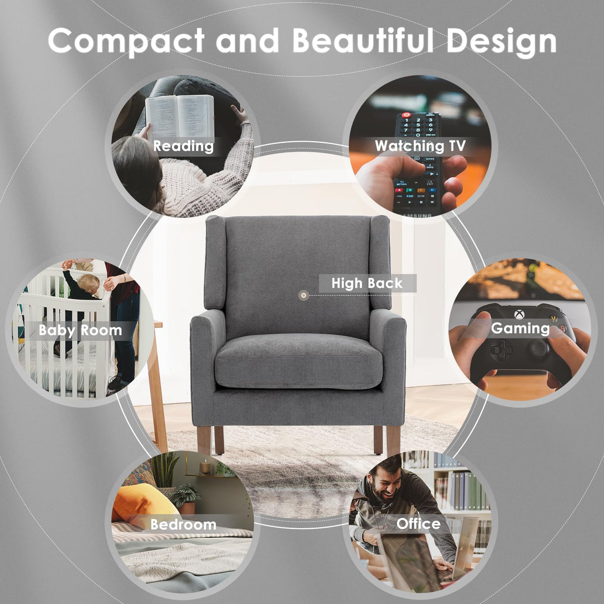 COLAMY Modern Wingback Living Room Chair Set of 2, Upholstered Fabric Accent Armchair, Single Sofa Chair with Lounge Seat and Wood Legs for Bedroom/Office/Reading Spaces, Gery COLAMY