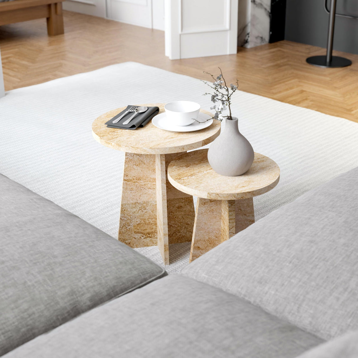 Travertine Efect Round Nesting Coffee Table Set of 2 Modern Coffee Table Small Side Table End Table for Living Room noadre