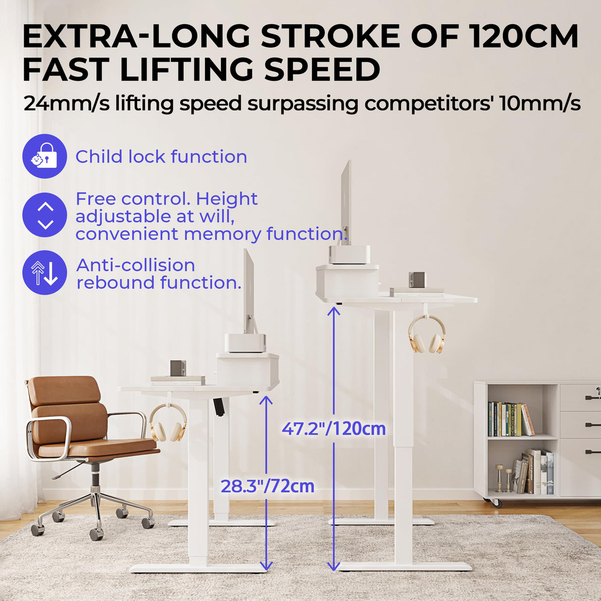JOISCOPE 48 Inch Electric Standing Adjustable Height Desk with Double Drawer, Home Office Computer Gaming Desk with Storage Shelf and Power Outlets, Sit Stand Desk, White JOISCOPE