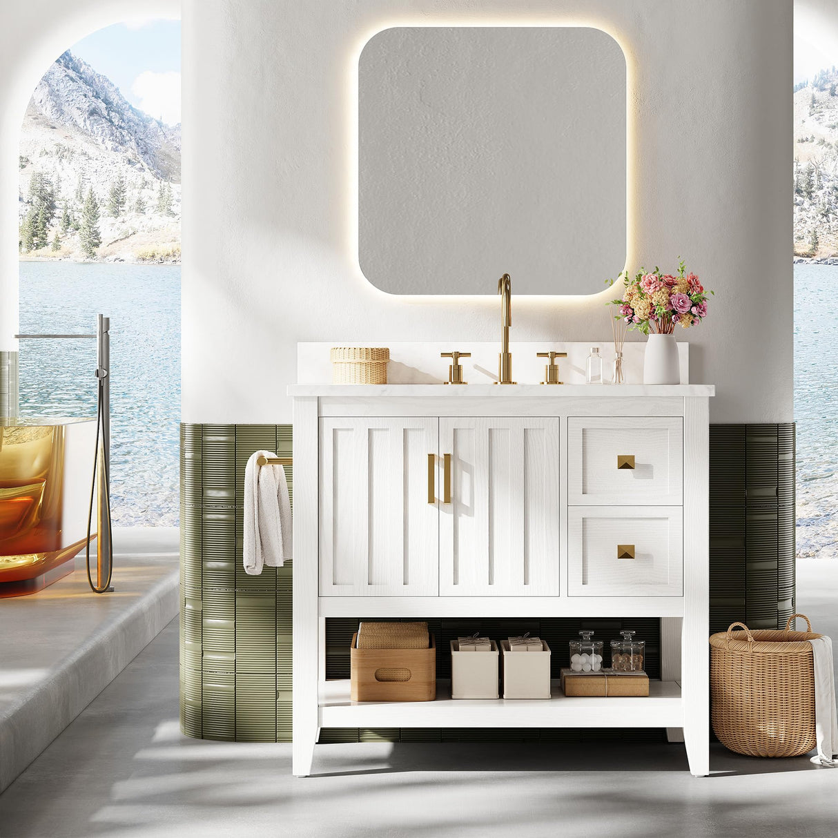 IRONCK 30" Bathroom Vanity with Sink, Farmhouse Bathroom Cabinet, Bathroom Vanity Set with 2 Drawers & Storage for Guest Baths Master Suites or Rental Units, Industrial White IRONCK