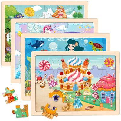 Princess Unicorn Mermaid Fairy Puzzles for Kids Ages 4-6, 4 Packs Wooden Jigsaw Puzzles for Toddlers Girls 2-4, Preschool Educational Puzzles Boards Toys Gifts for Girls Boys 3 4 5 6