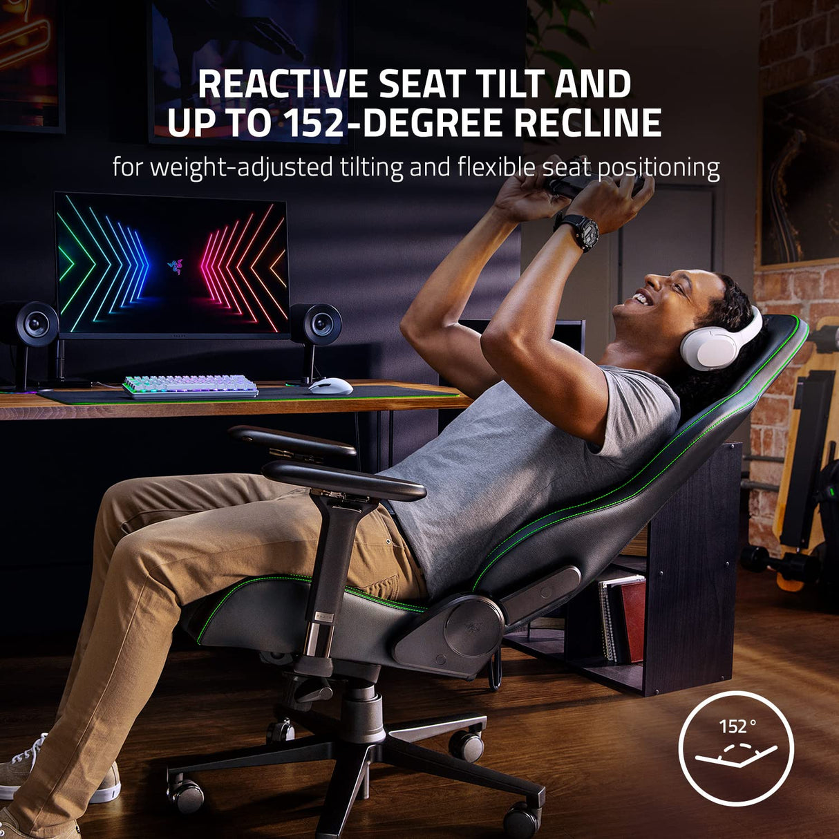 Razer Enki Gaming Chair: All-Day Comfort - Built-in Lumbar Arch - Optimized Cushion Density - Dual-Textured, Eco-Friendly Synthetic Leather - Reactive Seat Tilt & 152-Degree Recline - Black/Green Razer