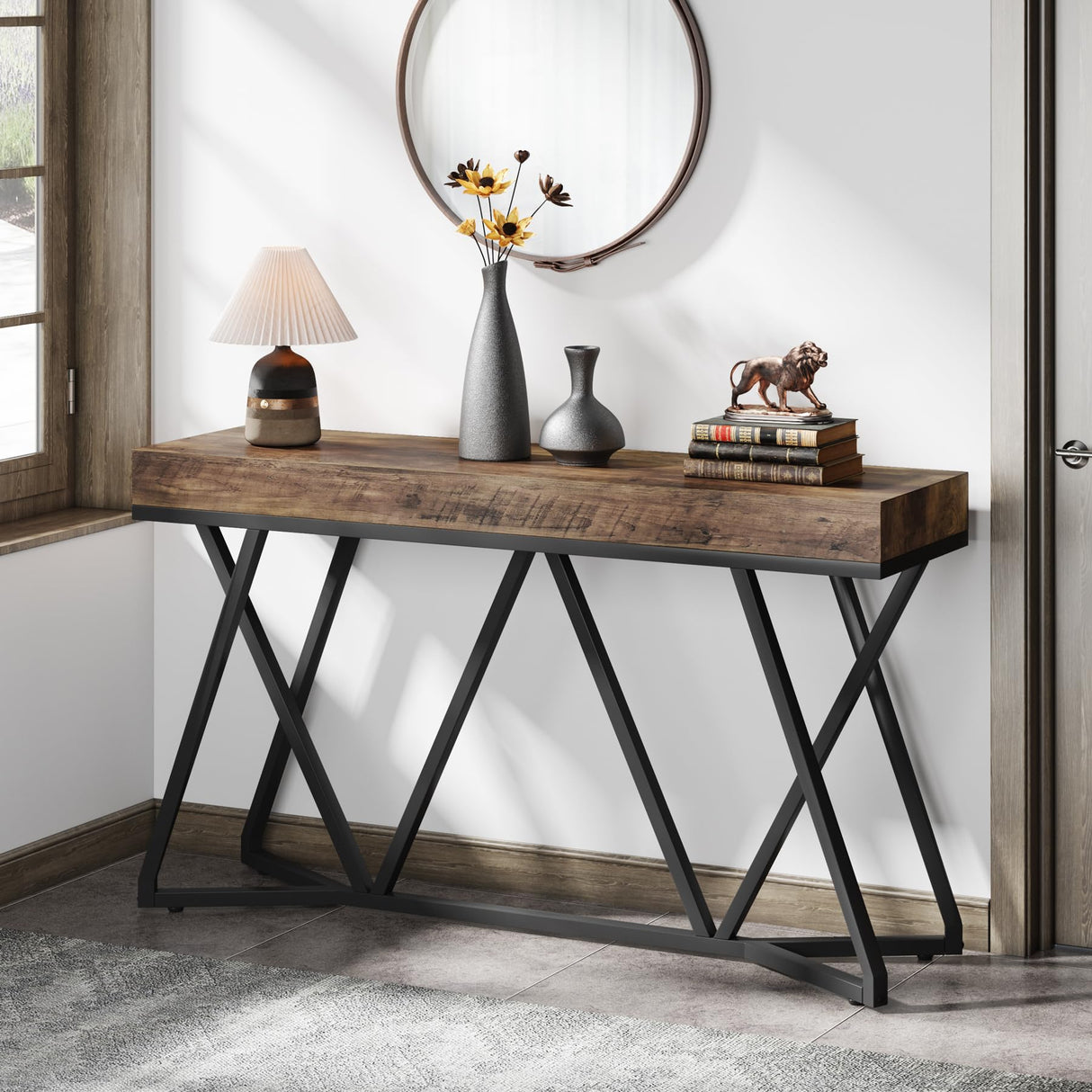 Tribesigns 55 Inch Console Table, Farmhouse Sofa Table Wood Entryway Table with Unique Metal Base, Behind The Couch Table Foyer Table, Industrial Accent Table for Hallway, Living Room, Rustic Brown Tribesigns