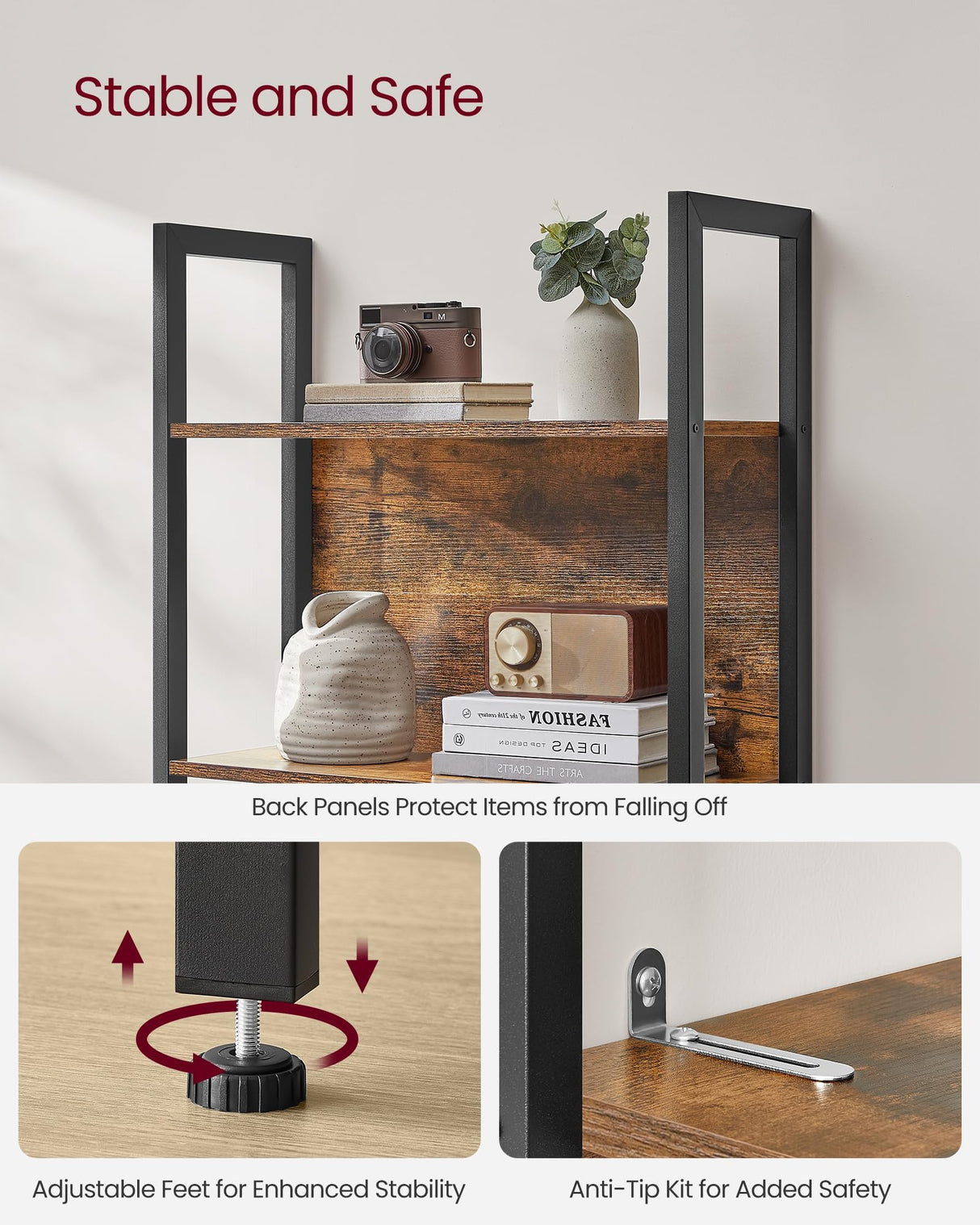 VASAGLE 5-Tier Bookshelf, Book Shelf, Industrial Bookcase, with Steel Frame, for Living Room, Home Office, Bedroom, 9.4 x 24.4 x 65 Inches, Rustic Brown and Black ULLS025B01 VASAGLE