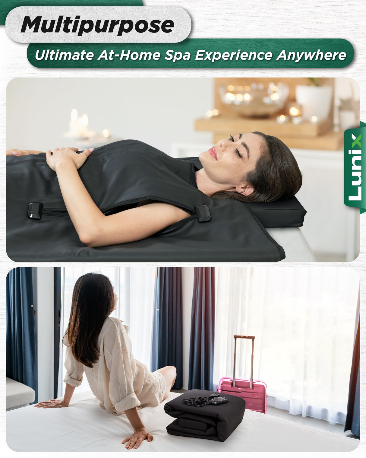 Lunix LX17 Portable Far Infrared Sauna Blanket for Home Relaxation - Temperature Range of 77-176°F - Infrared Sauna Anywhere, with Head Pillow, Detox Wrap, Hot Cold Gel Pack, Jet Black Lunix