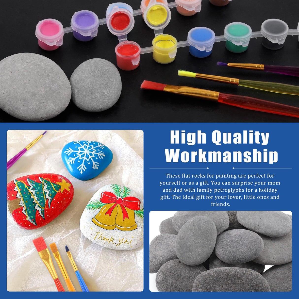 Glarks 34Pcs Rock Painting Kit, Including 15Pcs 2"-3" Flat Painting Stones River Rocks, 12 Colors Non-Toxic Washable Paint, 6Pcs Paint Brushes and 1Pc Palette for DIY Arts and Craft Activities Glarks
