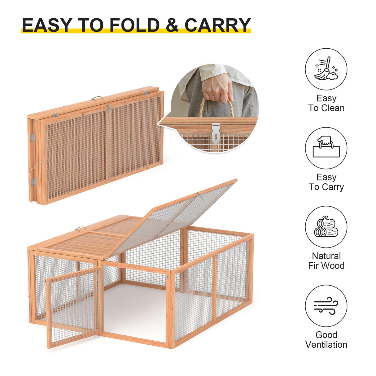 Chicken Coop, Wooden Rabbit Hutch Outdoor Indoor Folding Bunny Cage with Handle Portable Chicken Run with Top & Side Opening Doors Small Animal Playpen No Assembly Pet Poultry Cage for Bunny(Wood) Phonjoroo