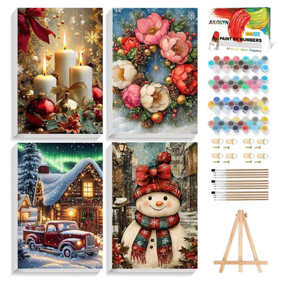 XTCIXAL 4 Pack Paint by Numbers Kit for Adults with Framed and Easel, Christmas Paint by Number Kits, Candles Snowman Truck Wreath Acrylic Oil Painting for Home Wall Decor (8x12 Inch)