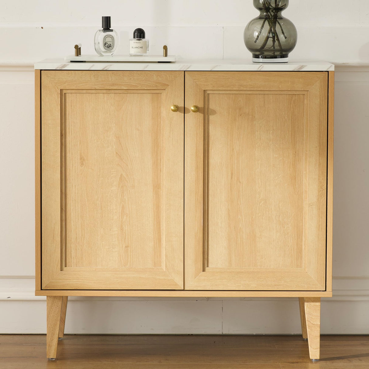 HoeuThien Oak Storage Cabinet Modern Freestanding Accent Cabinet Sideboard Buffet with Faux Marble Top & Adjustable Shelves Wooden Credenza for Dining Room, Living Room Entryway Natural HoeuThien