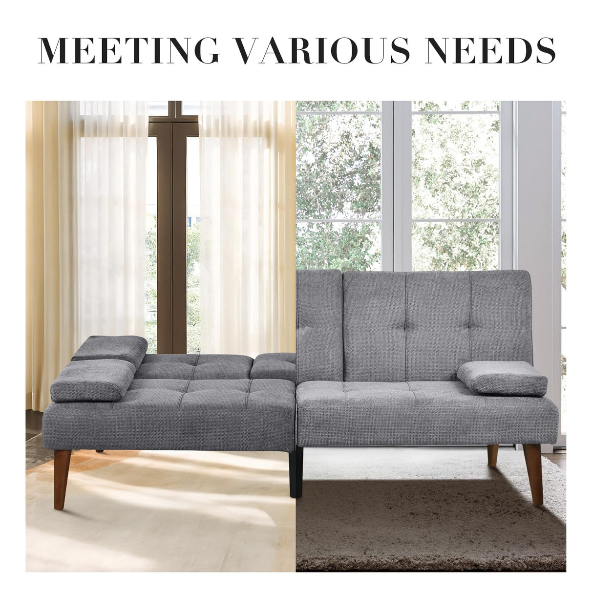 COLAMY Futon Sofa Bed-Fabric Small Futon Couch, Futon Lounge Sofa, Futon Convertible with 2 Cup Holders, Removable Soft Armrest, Adjustable Backrest for Dorm/Bedroom/College Lightgrey COLAMY