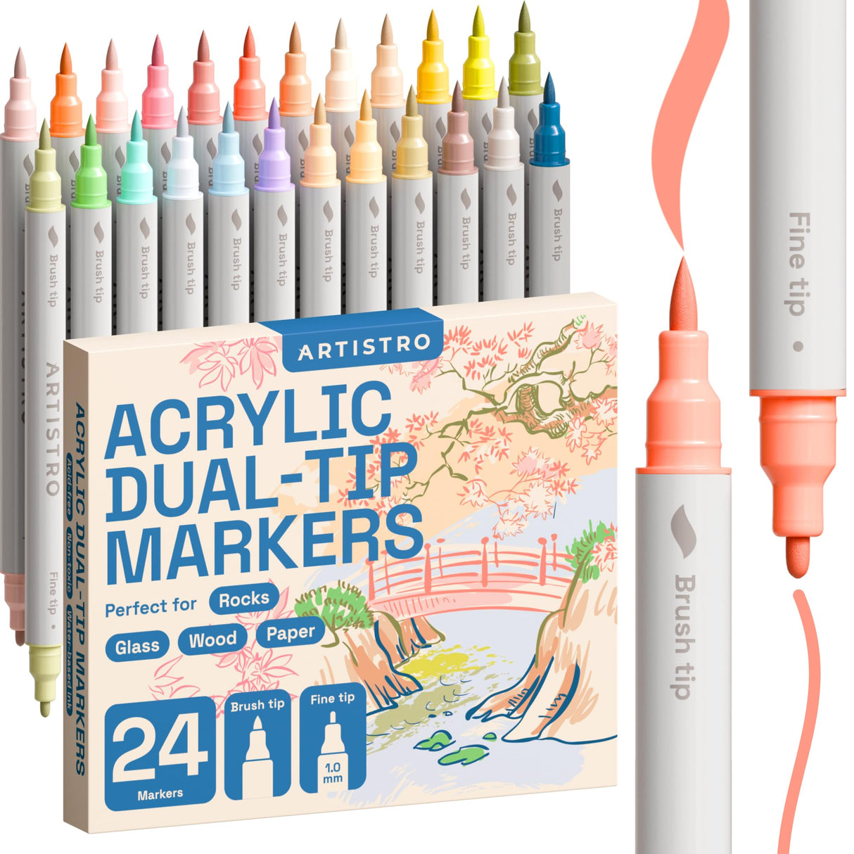 ARTISTRO 24 Acrylic Paint Pens, Art Set Acrylic Paint Markers Dual Tip (Brush + Fine 1mm), Acrylic Markers for Fabric, Canvas, Rock, Glass, Wood, Paper, DIY, Paint Markers for Kids and Adults, Pastel ARTISTRO