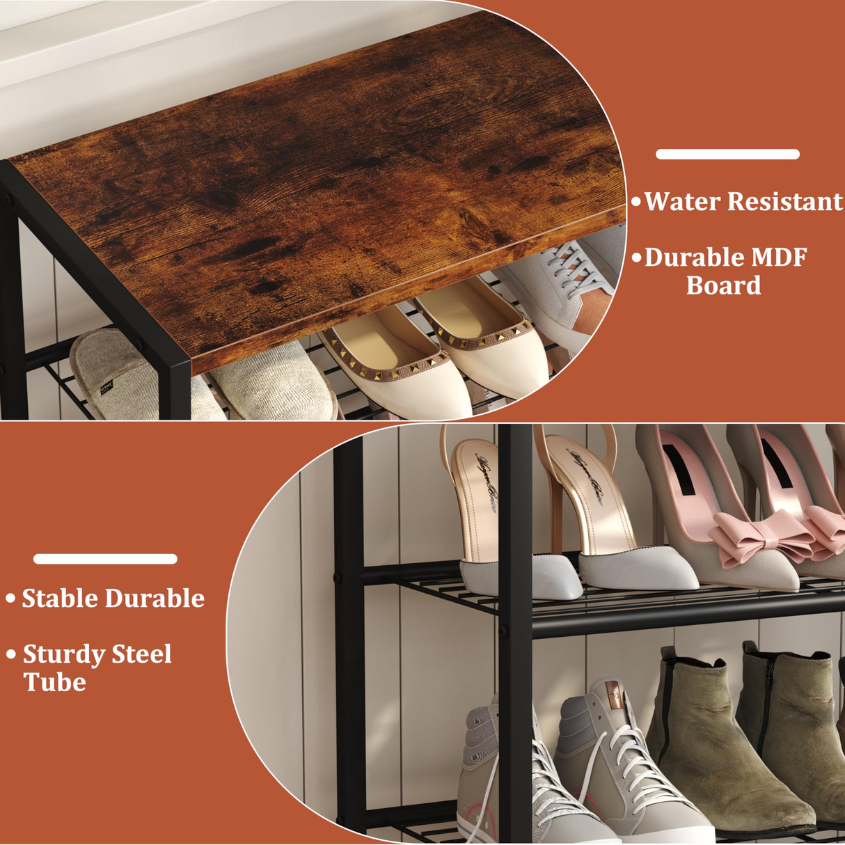 Yusong Shoe Rack, 4 Tier Shoe Organizer Storage for Closet Entryway, Narrow Slim Metal Shoe Shelves with Industrial Wooden Top, Rustic Brown and Black Yusong