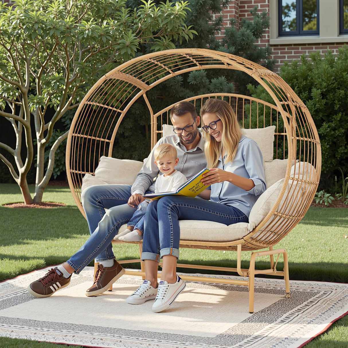 Buenhomino Oversized 2-Person Egg Chair Glider Rocking Chair, Heavy-Duty Wicker Rattan Outdoor Loveseat w/Thicken Padded Cushions, Extra Large Lounge Chair for Porch Backyard Patio Garden Yellow Buenhomino