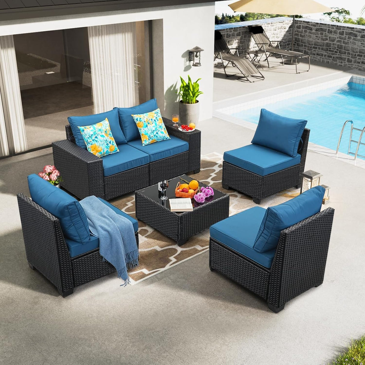 Jing's Villa 6-Piece Patio Furniture Set, All-Weather Outdoor Wicker Sectional Sofa with Cushions,Glass Table & Left and Right Armrest, Rattan Conversation Seating for Porch, Backyard,Peacock Blue Jing's Villa