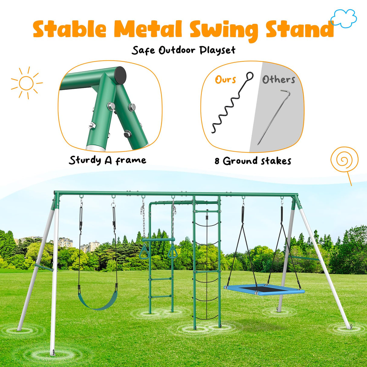 Hapfan Swing Sets for Backyard with Monkey Bars, Belt Swing, Platform Swing, Climbing Net, Trapeze Bar, Outdoor Playset for Kids Hapfan