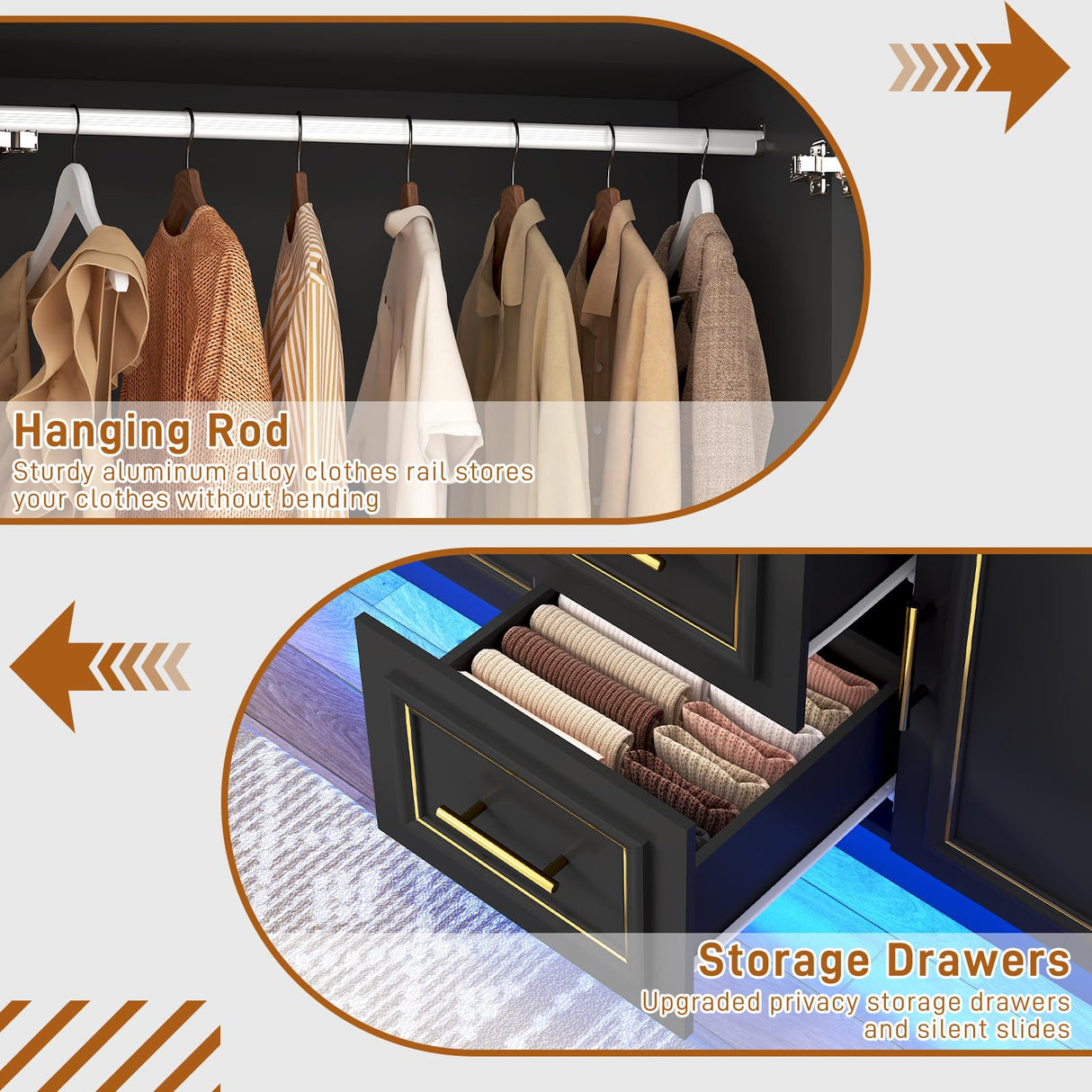 Hlivelood 75” Tall 3 Doors Armoire Wardrobe Closet with 2 Drawers and LED Lights, Modern Closet Wardrobe Cabinet with Shelves and Hanging Rod, Freestanding Wooden Armoire for Bedroom, Black Hlivelood