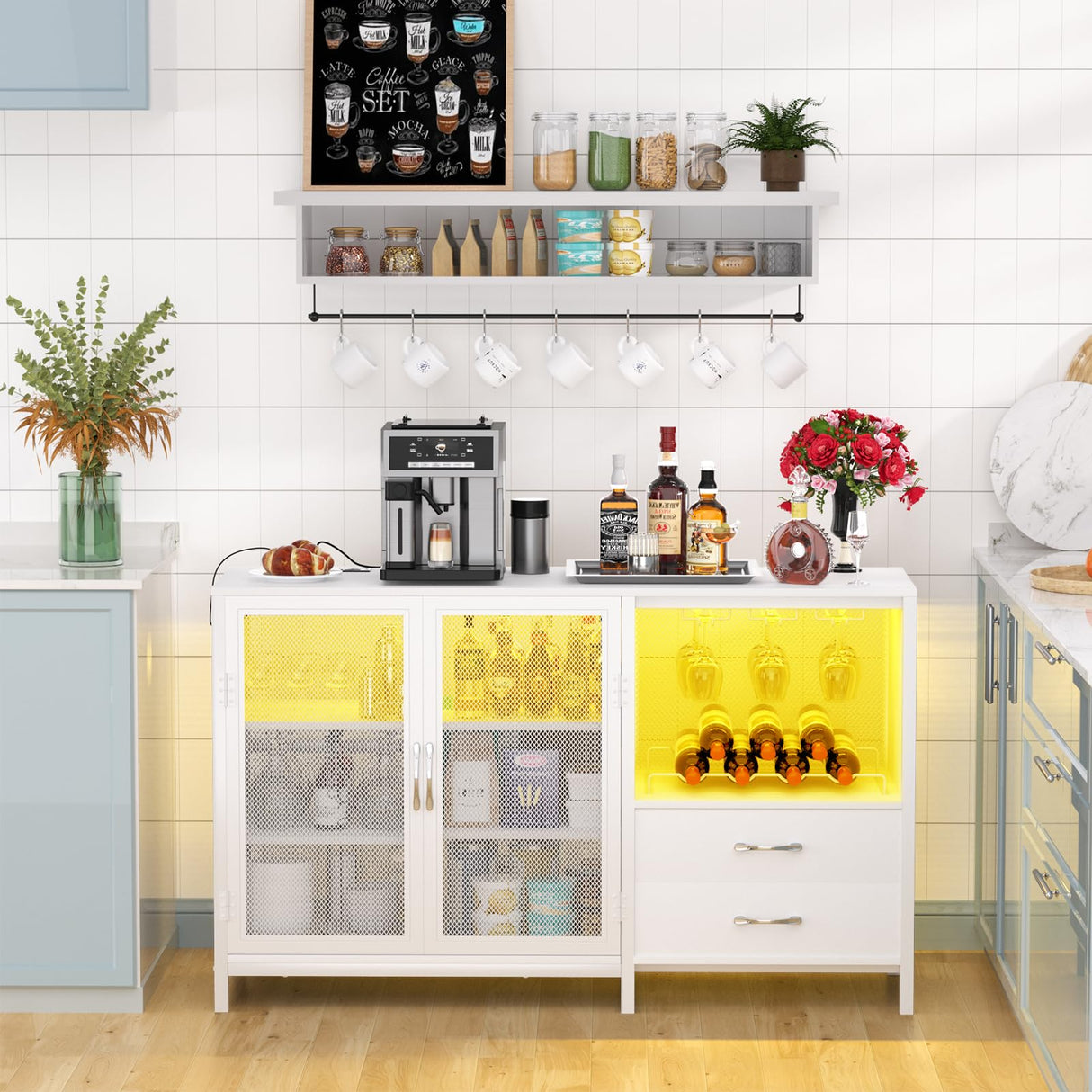 Cyclysio Multifunctional Wine Bar Cabinet with Charging Station, LED Lights and Ample Storage in White Cyclysio