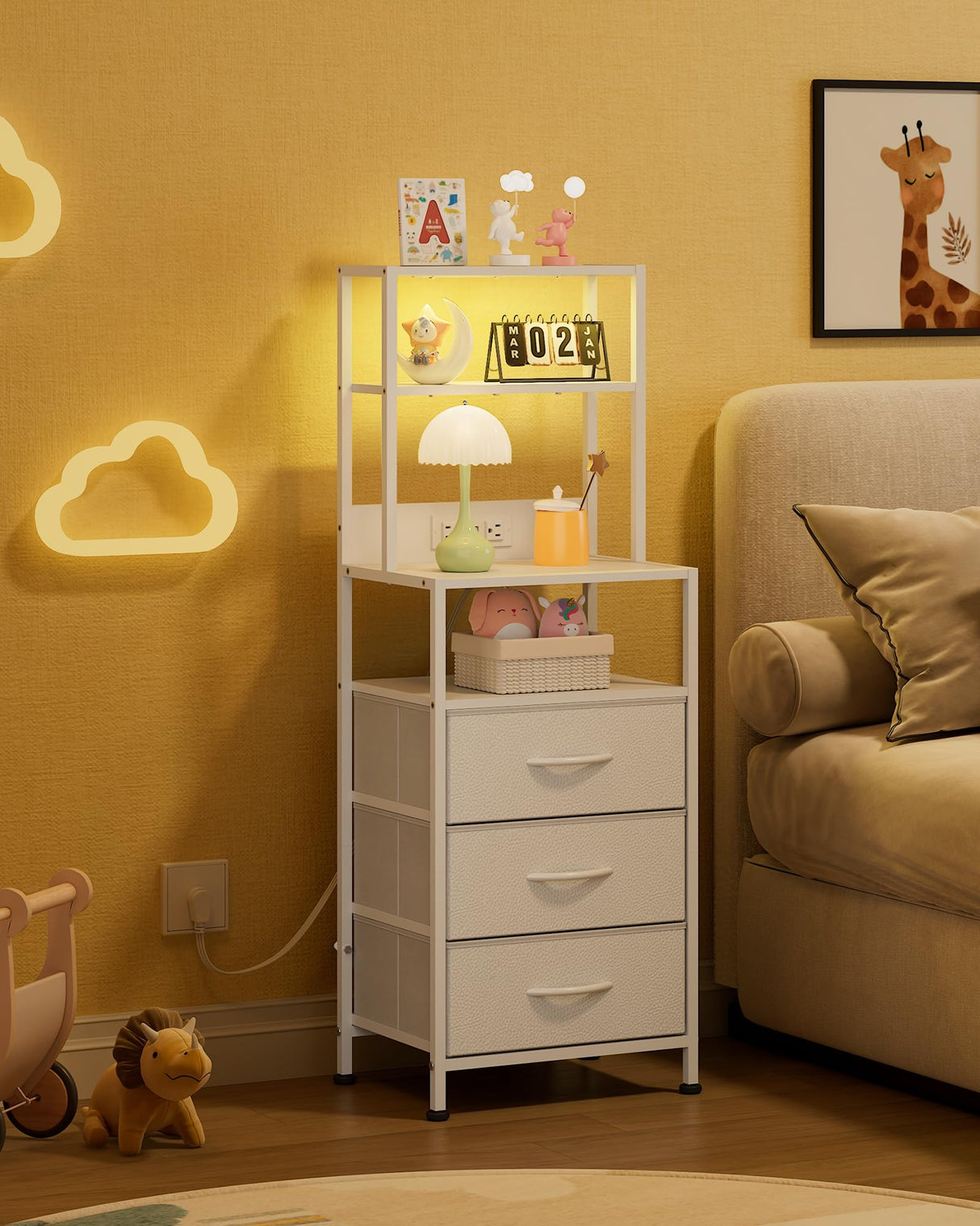 WLIVE Tall White Nightstand with Charging Station, LED Night Stand with 3 Fabric Drawers and Storage Open Shelves, Bedroom Nightstand Table, Bed Side Table for Living Room WLIVE