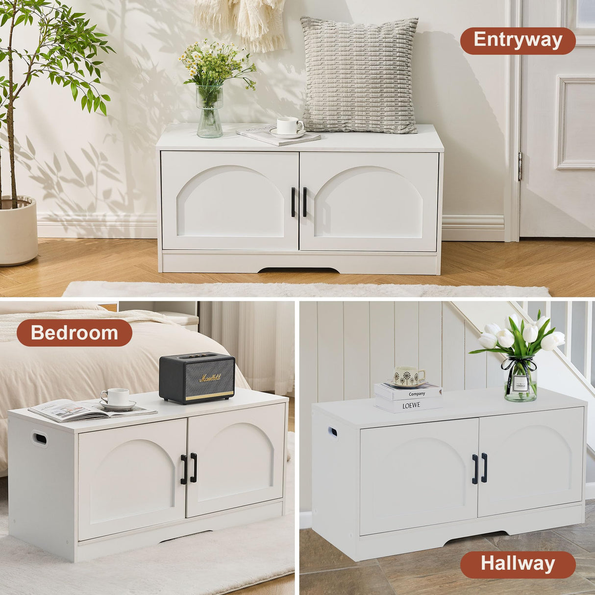 Shoe Bench, Entryway Storage Bench with 2 Doors, Shoe Rack Adjustable Shelves, Shoe Cabinet with Storage, 31.5" W x 13.8" D x 18.1" H for Entryway, Living Room, Hallway, Mudroom, Bedroom, White oakvivo