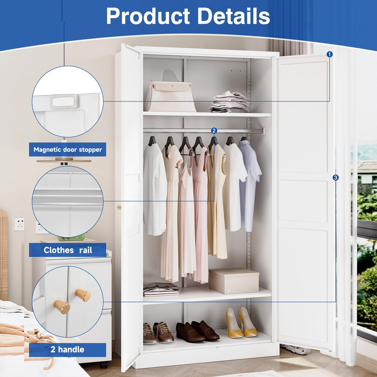 BYNSOE Metal Storage Locker 72'' Metal Wardrobe for Home Metal Storage Cabinet with Hanging Rod for Office Hospital Home Office Require Assembly (White, 72inch) BYNSOE