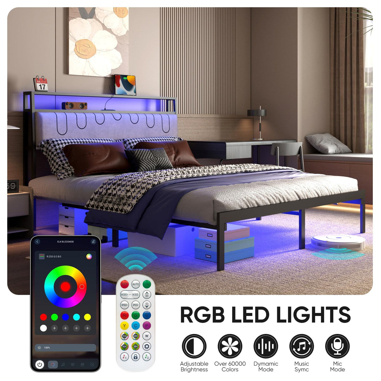 Full size bed frame with led lights, Metal Platform Frame Upholstered Headboard, Charging Station, Storage Shelves, Heavy Duty Metal Slats, No Box Spring Needed, Noise Free, Easy Assembly, Black Natekelly