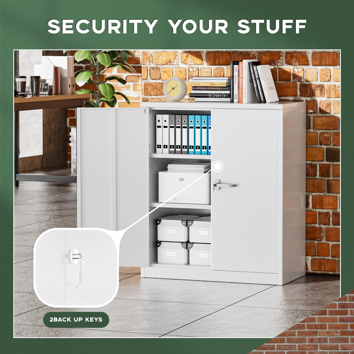 Greenvelly Metal Storage Cabinet, 42” Metal Locking Cabinet with Doors and 2 Adjustable Shelves, Small Steel Cabinet with Lock for Office, Garage, Home, School (White) Greenvelly