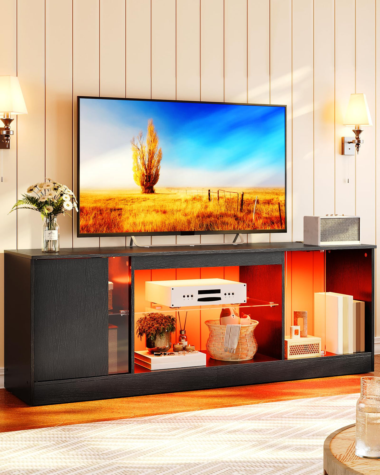 CHOEZON TV Stand with Power Outlets to 55 inch TV, Modern Entertainment Center with Multi-Color LED Light, Media TV Console with Adjustable Glass Shelves for Living Room, Bedroom, Black MDS01UDBB CHOEZON