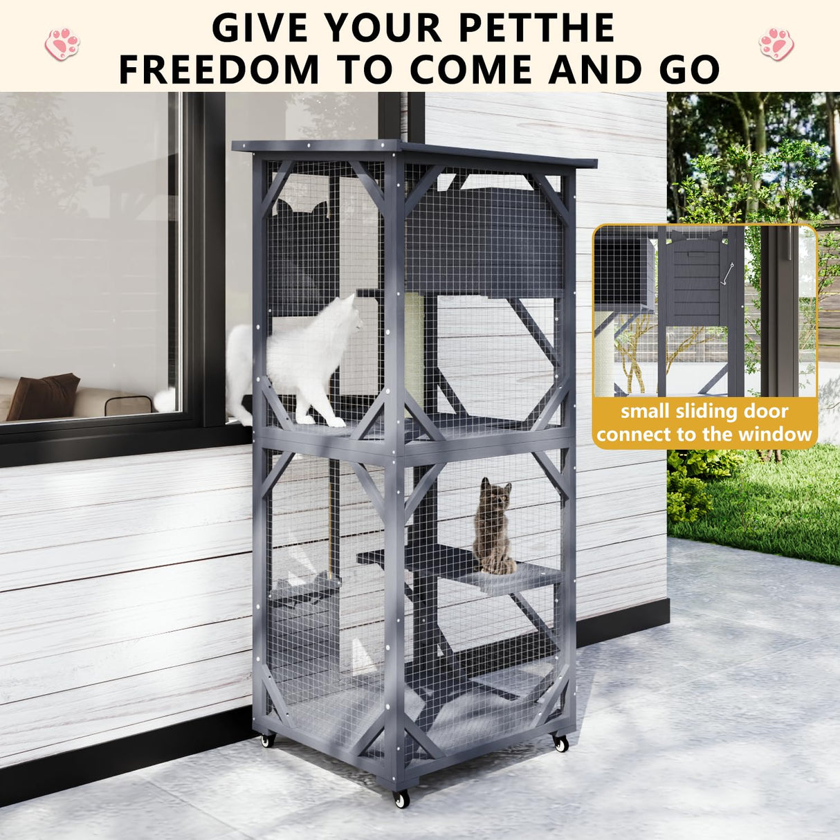 LEMBERI Cat House Catio Outdoor Enclosure Window, 71" Large Outside Patio Wooden Cat Cage with Wheels, Scratching Post, Waterproof Roof (Gray) LEMBERI