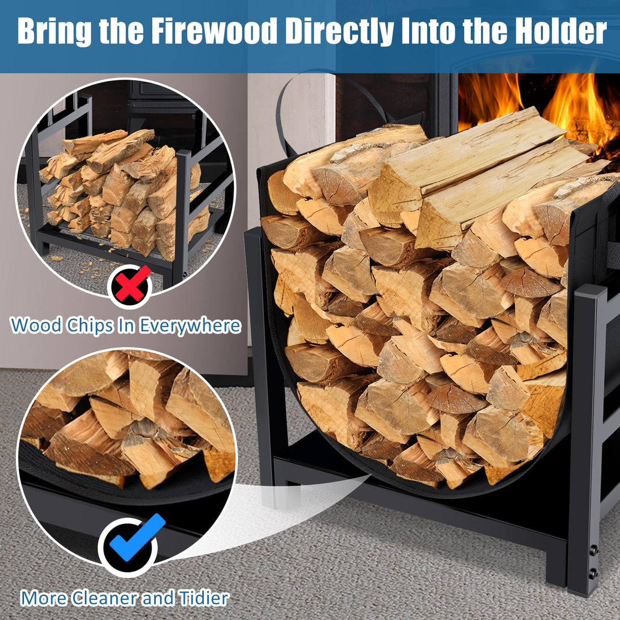 MOFEEZ Firewood Rack Log Holder Indoor with Wood Carrier, Powder-coated Steel Made, Up-loaded to 110lb, 18inch(L) x 13inch(W) x 17inch(H) MOFEEZ