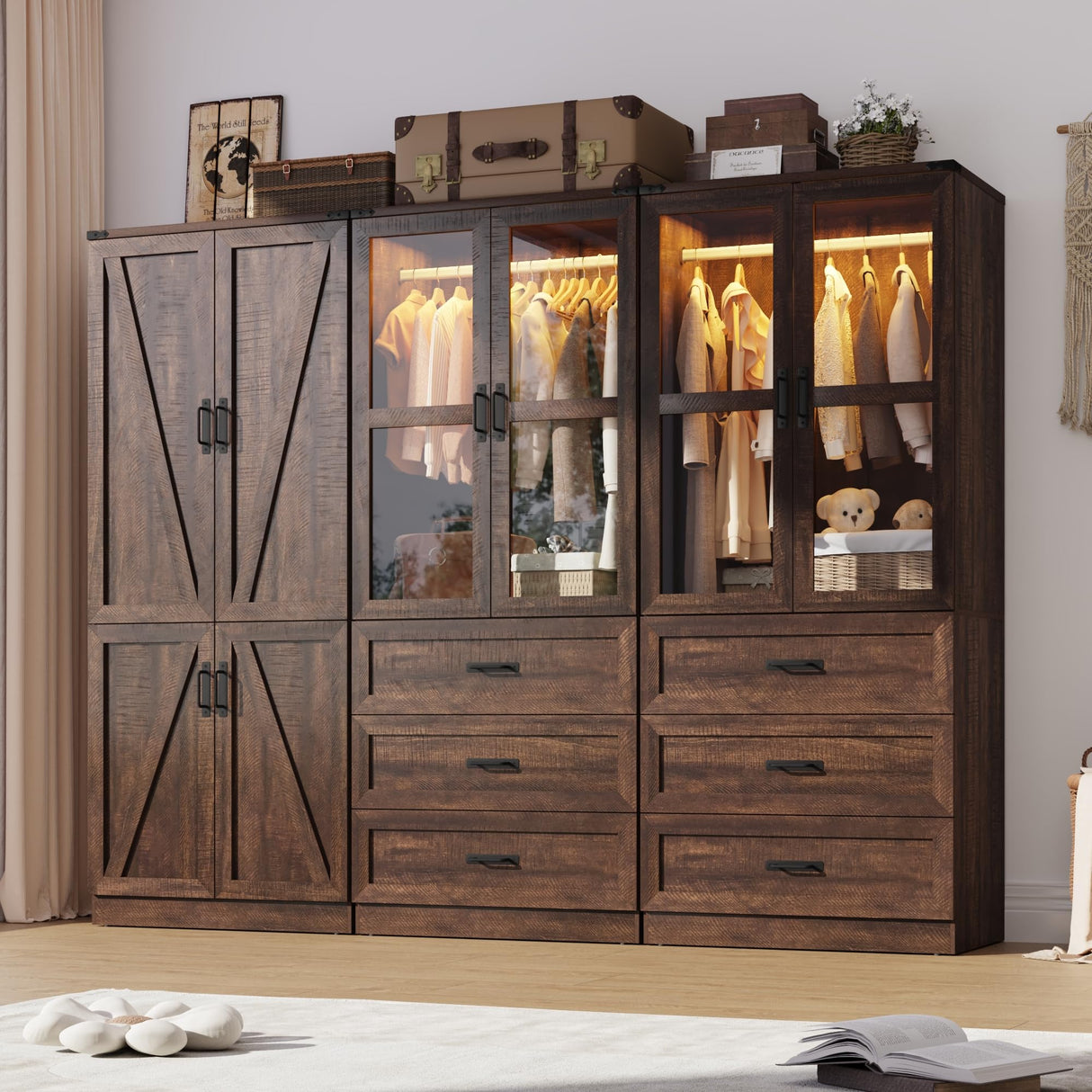 Hlivelood 75" Tall Farmhouse 6 Doors Armoire Wardrobe Closet with 6 Drawers and LED,Freestanding Closet Wardrobe Cabinet for Bedroom with Hanging Rod,Wooden Armoire Storage Cabinet(Brown 6 Doors 2) Hlivelood