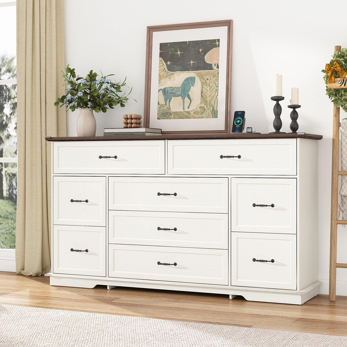 jiteentarou Farmhouse 9 Drawer Dresser for Bedroom,63” Wood Dresser & Chest of Drawers with Power Outlets,Large & Wide Dressers for Bedroom,Tall Storage Dresser Organizer(White) jiteentarou
